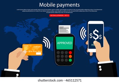 Pos terminal confirms the payment by smartphone and card. Near Field Communication payments concept. Vector illustration.