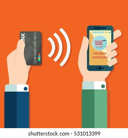 Pos terminal confirms the payment by debit credit card. Vector illustration in flat design. nfc payments concept.