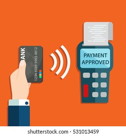 Pos terminal confirms the payment by debit credit card. Vector illustration in flat design. nfc payments concept