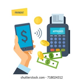 Pos terminal confirms the payment by smartphone. Financial transactions by phone. Hand presses payment button in phone through payment terminal, for successful payment by contactless system.