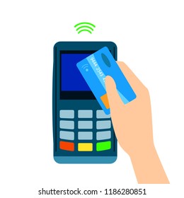 POS terminal confirms the payment made through mobile phone. NFC payments. flat style. Mobile Banking and Payments