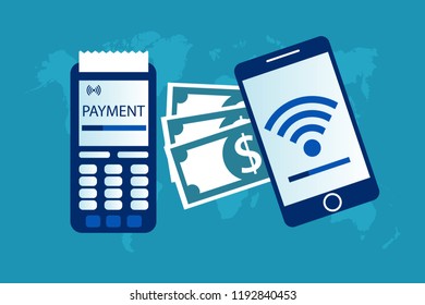 POS terminal confirms the payment made through mobile phone transfer money wireless isolated on blue background. NFC payments. Mobile Banking and Payments concept Flat Vector illustration, Minimalist 