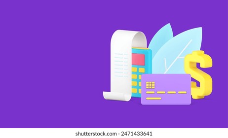 POS terminal for contactless e payment with paper bill and credit card dollar symbol 3d icon isometric vector illustration. Modern digital device for e commerce retail comfortable e money received