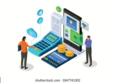 POS terminal for contactless pay. Internet banking concept in isometric vector illustration. Digital payment or online money transfer service. 