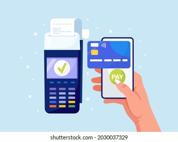 POS terminal for contactless pay with smartphone. Payment machine and mobile phone with credit card on screen. Success NFC payment transaction. Online banking, internet money transfer service