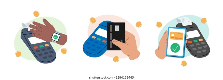 POS terminal for contactless pay with smartphone or credit card. Watch with NFC technology. Wireless contactless NFC payments. Online payment.