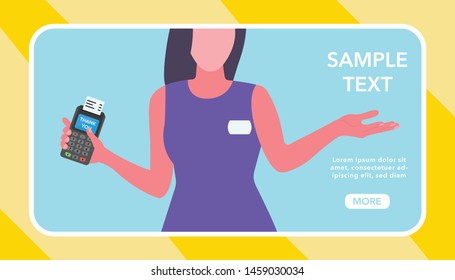 POS terminal for contactless pay. Website banner or webpage layout template with text and woman