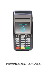 POS Terminal for Contactless payment with welcome wifi, communication technology. Near-field communication protocol. Vector Icon. Wifi Mobile Pay. Wireless bank, mobile, NFC, Credit Card payments