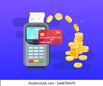 POS terminal with credit card and coins on blue