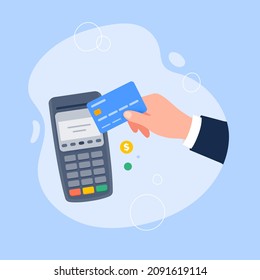 Terminal POS con tarjeta de crédito. Pago sin contacto por tarjeta, concepto de método de pago por chip EMV. Ilustración plana vectorial.