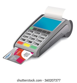 POS terminal with credit card and printed receipt on white background. POS terminal with inserted credit card - 3D illustration. Credit card and pos terminal. Interactive Information Pos Kiosk.