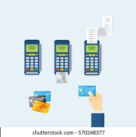 POS terminal and Credit card processing - illustration in flat style.