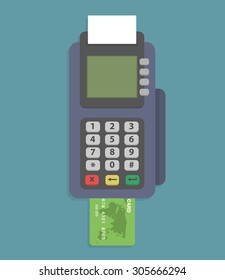 Pos terminal. Credit card reader machine with credit card. Flat style