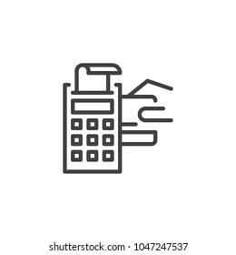 POS terminal with credit card and receipt outline icon. linear style sign for mobile concept and web design. Transaction, banking, payment simple line vector icon. Symbol, logo illustration