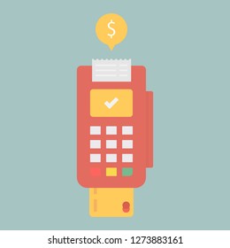 POS Terminal, Credit Card and Receipt on a Blue Background. Point of sale concept. Finance and Business. Flat Illustration