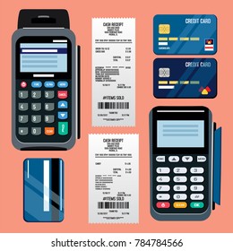 POS terminal with credit card and receipt illustration. Debit ca