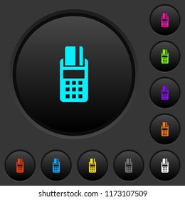 POS terminal dark push buttons with vivid color icons on dark grey background