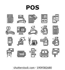 Pos Terminal Device Collection Icons Set Vector. Pos Terminal For Accept Payment By Contact And Contactless Bank Card, Paying Technology Black Contour Illustrations