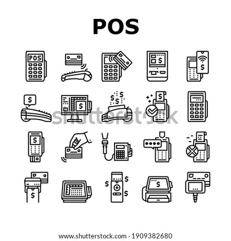Pos Terminal Device Collection Icons Set Vector. Pos Terminal For Accept Payment By Contact And Contactless Bank Card, Paying Technology Black Contour Illustrations