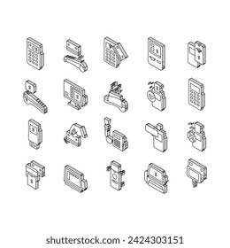 Conjunto de iconos isométricos de la colección de dispositivos de terminal Pos. Terminal De Pos Para Aceptar El Pago Por Contacto Y Tarjeta Bancaria Sin Contacto, Concepto De Pago De Tecnología Pictogramas Lineales. Color de contorno .