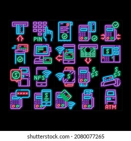 Pos Terminal Device Neon Leuchtzeichen Vektor. Leuchtendes Symbol Bank Terminal und ATM, Smartphone Nfc Pay System Anwendung und Pin Code und Geld-Illustrationen