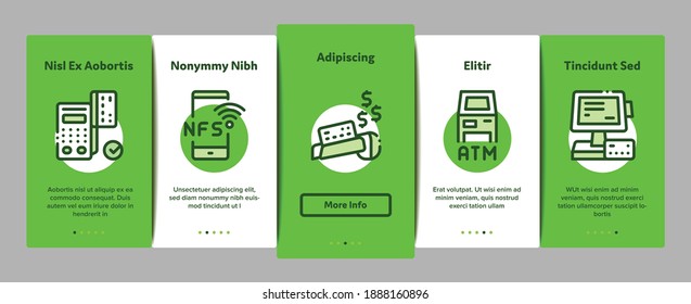 Pos Terminal Device Onboarding Mobile App Page Screen Vector. Bank Terminal And Atm, Smartphone Nfc Pay System Application And Watch Pin Code And Money Color Illustrations