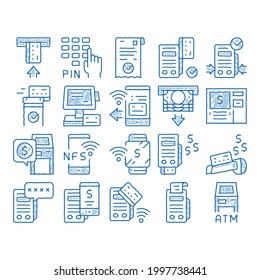 Pos Terminal Device sketch icon vector. Hand drawn blue doodle line art Bank Terminal And Atm, Smartphone Nfc Pay System Application And Watch Pin Code And Money Illustrations