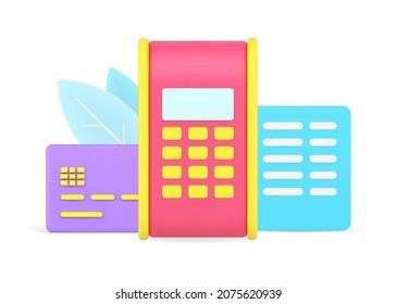 POS terminal for ecommerce online contactless epayment with credit card and paper agreement document 3d icon isometric vector illustration. Paying to bill for business deal or purchase isolated