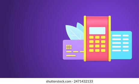 POS terminal for ecommerce online contactless epayment with credit card and paper agreement document 3d icon isometric vector illustration. Paying to bill for business deal or purchase isolated