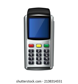 Dispositivo Electrónico De Terminal Pos Para El Vector De Pago. Pos Terminal Digital Gadget Para Obtener Pago Sin Cobertura Con Tarjeta De Crédito Sin Contacto. Plantilla de Registro Bancario Ilustración 3d Realista