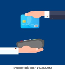 Pos terminal financial transaction, sale paying with plastic credit debit bank card