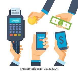 Pos terminal for financial transactions. Operation on payment. Credit card payment at pos terminal. Hands hold phone with an attachment, cash money, and coins. Vector illustration.