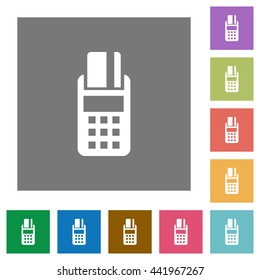 POS terminal flat icon set on color square background.