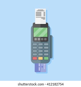 Pos terminal in flat style on blue background. Payment terminal. Credit card machine. Vector illustration.