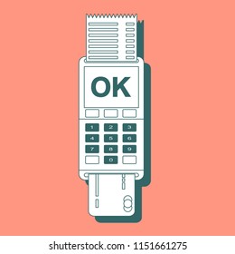 Pos terminal in flat style. Pos payment. Illustration pos machine or credit card terminal. Concept of cashless payment and credit card payment.