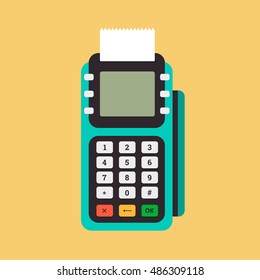 Pos terminal in flat style. Pos payment. Illustration pos machine or credit card terminal. Concept of cashless payment and credit card payment.