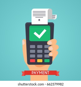Pos terminal in flat style. Pos payment.  Flat design modern vector illustration concept.