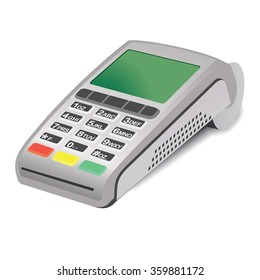 POS terminal with green screen on white background. POS terminal - 3D illustration. Interactive Information Pos Kiosk. POS Payment GPRS Terminal, isolated on white