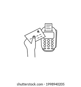 Pos terminal with hand black line icon. Credit card payment by debit, chip reading illustration. Trendy flat style for logo, logotype, dev, app, graphic design, infographic, web, ui, ux. Vector EPS 10