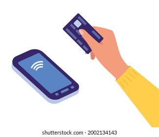 POS Terminal with hand and credit card. Contactless payment, communication technology. Near-field communication protocol. Wifi Mobile Pay. Wireless bank, mobile, NFC. Vector Illustration