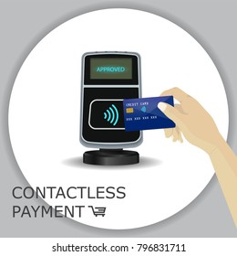 POS Terminal with hand and credit card. Contactless payment, approved. Near-field communication protocol. Vector Icon. Wifi Mobile Pay. Wireless bank mobile, NFC, gray background circle.