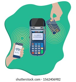 POS terminal. Hands with smartphone and credit card - bank terminal payment process - vector. Banking and business services.