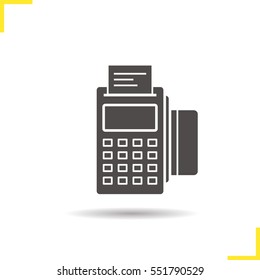 Pos terminal icon. Drop shadow silhouette symbol. Store payment terminal with check and credit card. Negative space. Vector isolated illustration
