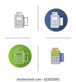 Pos terminal icon. Flat design, linear and color styles. Store payment terminal with check and credit card. Isolated vector illustrations