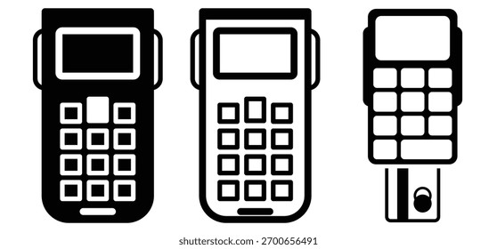 Ícone do terminal de PDV definido nos estilos sólido, de estrutura de tópicos e de linha. Ilustração vetorial representando os conceitos de tecnologia de pagamento por cartão, transação digital, pagamento sem contato, finanças, negócios e varejo.