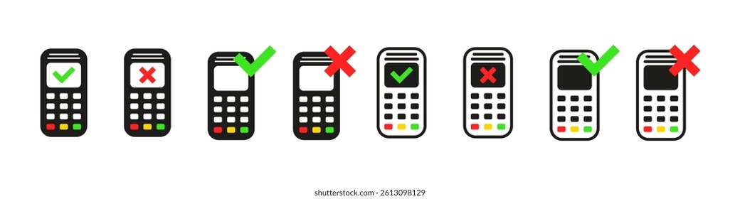 POS terminal icons for approved and declined payments. Finance and transaction icons