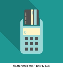 POS terminal with inserted credit card and printed reciept. Modern flat design element. EPS10 vector.