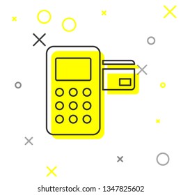 Pos terminal with inserted credit card line icon isolated on white background. Payment terminal transaction. Vector Illustration