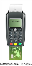 POS terminal with inserted credit card and printed reciept. 