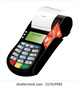 POS terminal with inserted credit card and printed reciept.